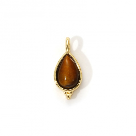 Immagine di 1 Piece Eco-friendly Brass & Tiger's Eyes Charms 18K Real Gold Plated Brown Drop 17mm x 8mm
