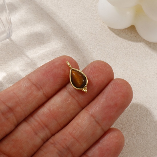 Immagine di 1 Piece Eco-friendly Brass & Tiger's Eyes Charms 18K Real Gold Plated Brown Drop 17mm x 8mm