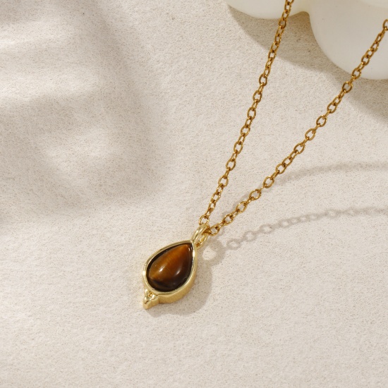 Immagine di 1 Piece Eco-friendly Brass & Tiger's Eyes Charms 18K Real Gold Plated Brown Drop 17mm x 8mm