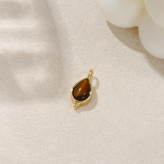 Immagine di 1 Piece Eco-friendly Brass & Tiger's Eyes Charms 18K Real Gold Plated Brown Drop 17mm x 8mm