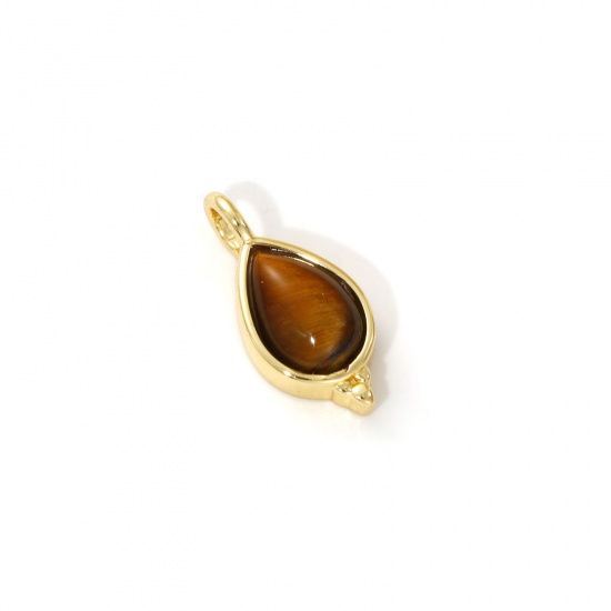 Immagine di 1 Piece Eco-friendly Brass & Tiger's Eyes Charms 18K Real Gold Plated Brown Drop 17mm x 8mm