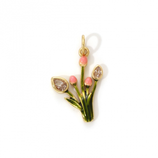 Image de 1 Piece Eco-friendly Brass Flora Collection Charms 18K Real Gold Plated Green Enamel Tulip Flower Micro Pave Clear Cubic Zirconia 22mm x 13mm
