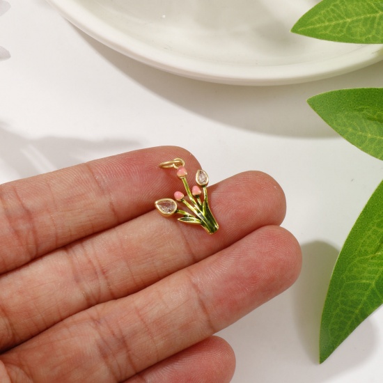 Image de 1 Piece Eco-friendly Brass Flora Collection Charms 18K Real Gold Plated Green Enamel Tulip Flower Micro Pave Clear Cubic Zirconia 22mm x 13mm