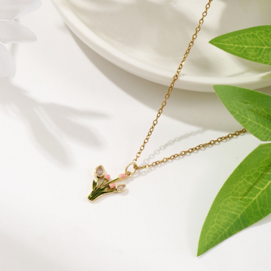 Image de 1 Piece Eco-friendly Brass Flora Collection Charms 18K Real Gold Plated Green Enamel Tulip Flower Micro Pave Clear Cubic Zirconia 22mm x 13mm