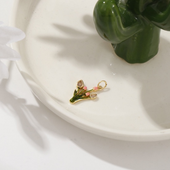 Image de 1 Piece Eco-friendly Brass Flora Collection Charms 18K Real Gold Plated Green Enamel Tulip Flower Micro Pave Clear Cubic Zirconia 22mm x 13mm