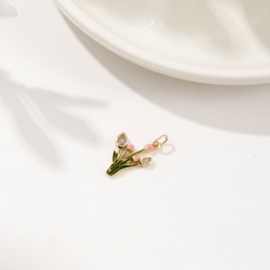 Image de 1 Piece Eco-friendly Brass Flora Collection Charms 18K Real Gold Plated Green Enamel Tulip Flower Micro Pave Clear Cubic Zirconia 22mm x 13mm