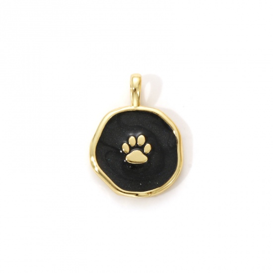 Picture of 1 Piece Eco-friendly Brass Pet Memorial Charms 18K Real Gold Plated Black Enamel Irregular Paw Print Pearlized 18.5mm x 14mm
