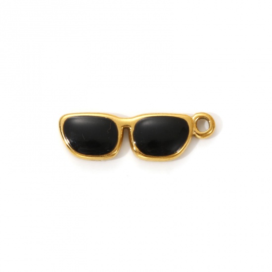 Imagen de 2 PCs Eco-friendly PVD Vacuum Plating 304 Stainless Steel Clothes Charms 18K Real Gold Plated Black Enamel Eyeglasses 22mm x 7mm