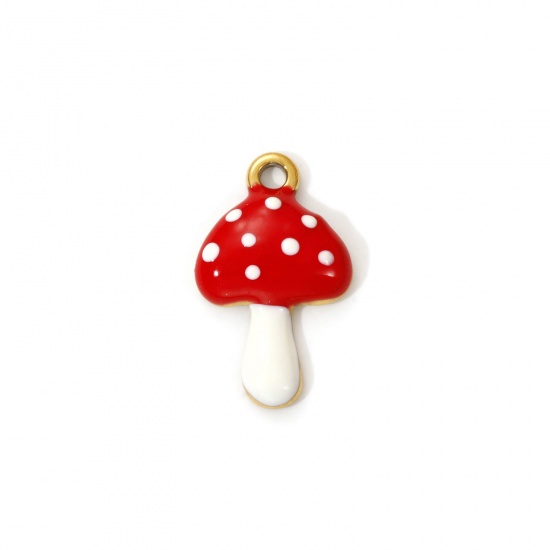 Imagen de 2 PCs Eco-friendly PVD Vacuum Plating 304 Stainless Steel Charms 18K Real Gold Plated Red Enamel Mushroom 18.5mm x 11mm