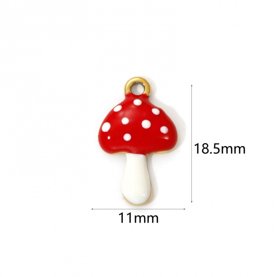 Imagen de 2 PCs Eco-friendly PVD Vacuum Plating 304 Stainless Steel Charms 18K Real Gold Plated Red Enamel Mushroom 18.5mm x 11mm