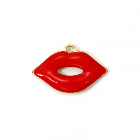 Picture of 2 PCs Eco-friendly PVD Vacuum Plating Waterproof Anti-Tarnish Hypoallergenic 304 Stainless Steel Charms 18K Real Gold Plated Red Enamel Lip Hollow 25mm x 16mm