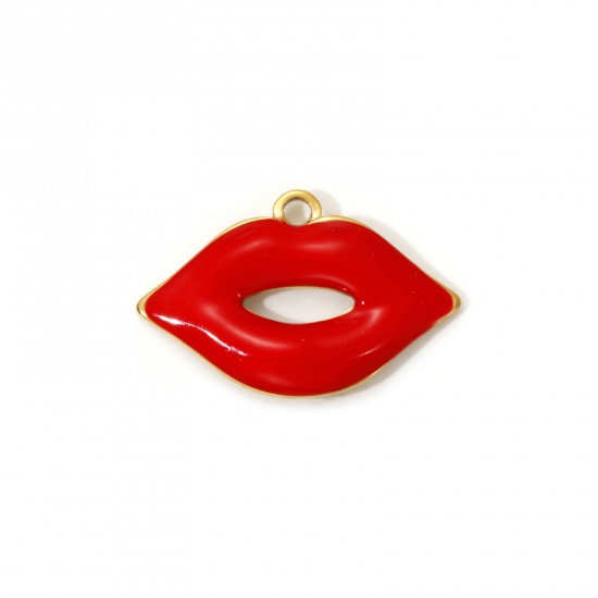 Imagen de 2 PCs Eco-friendly PVD Vacuum Plating 304 Stainless Steel Charms 18K Real Gold Plated Red Enamel Lip Hollow 25mm x 16mm