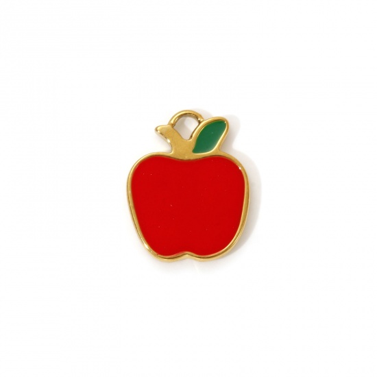 Imagen de 2 PCs Eco-friendly PVD Vacuum Plating 304 Stainless Steel Charms 18K Real Gold Plated Red Enamel Apple Fruit 15.5mm x 12.5mm