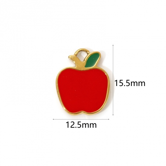 Imagen de 2 PCs Eco-friendly PVD Vacuum Plating 304 Stainless Steel Charms 18K Real Gold Plated Red Enamel Apple Fruit 15.5mm x 12.5mm