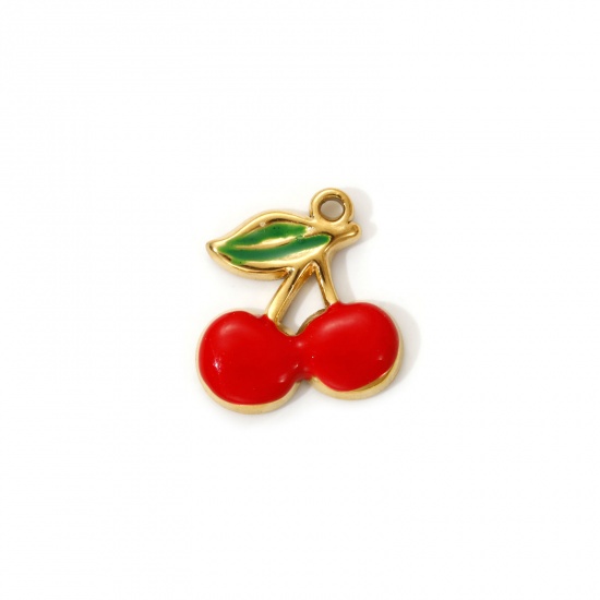 Imagen de 2 PCs Eco-friendly PVD Vacuum Plating 304 Stainless Steel Charms 18K Real Gold Plated Red Enamel Cherry Fruit 15mm x 14mm