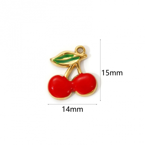 Imagen de 2 PCs Eco-friendly PVD Vacuum Plating 304 Stainless Steel Charms 18K Real Gold Plated Red Enamel Cherry Fruit 15mm x 14mm