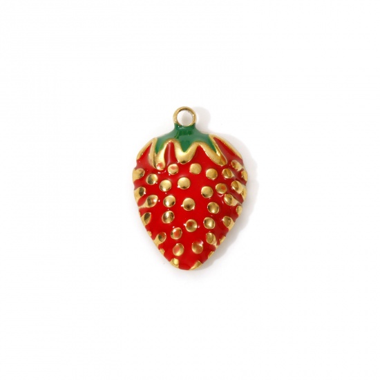 Imagen de 2 PCs Eco-friendly PVD Vacuum Plating 304 Stainless Steel Charms 18K Real Gold Plated Red Enamel Strawberry Fruit 17mm x 12mm