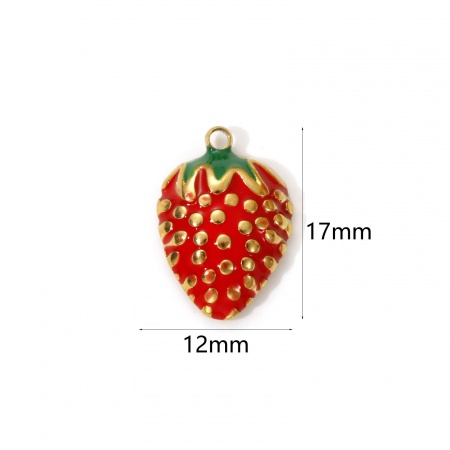 Picture of 2 PCs Eco-friendly PVD Vacuum Plating Waterproof Anti-Tarnish Hypoallergenic 304 Stainless Steel Charms 18K Real Gold Plated Red Enamel Strawberry Fruit 17mm x 12mm