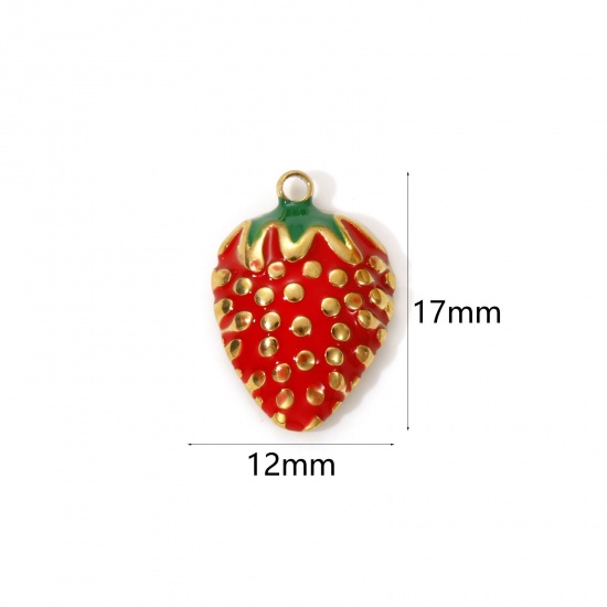 Imagen de 2 PCs Eco-friendly PVD Vacuum Plating 304 Stainless Steel Charms 18K Real Gold Plated Red Enamel Strawberry Fruit 17mm x 12mm
