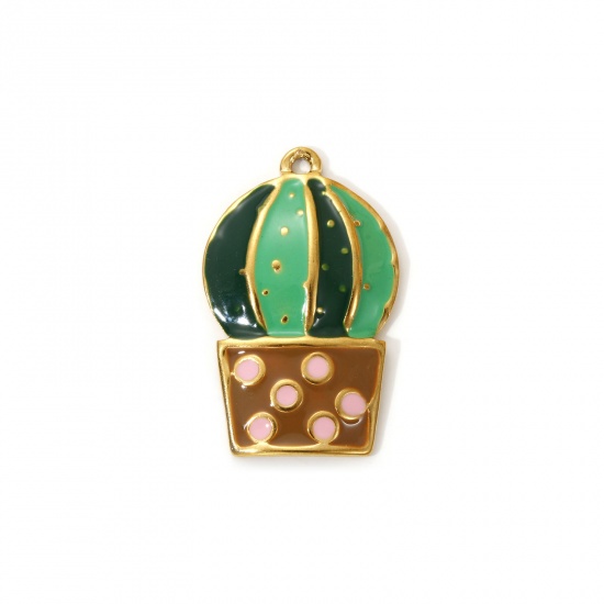 Imagen de 2 PCs Eco-friendly PVD Vacuum Plating 304 Stainless Steel Charms 18K Real Gold Plated Multicolor Enamel Cactus 28mm x 17mm