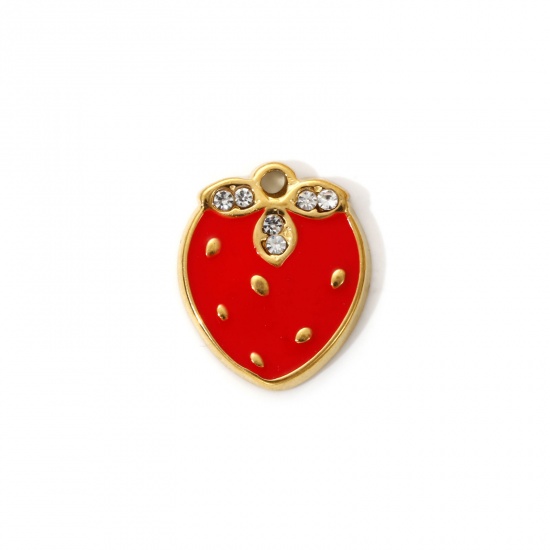 Imagen de 2 PCs Eco-friendly PVD Vacuum Plating 304 Stainless Steel Charms 18K Real Gold Plated Red Enamel Strawberry Fruit Clear Cubic Zirconia 17.5mm x 14.5mm