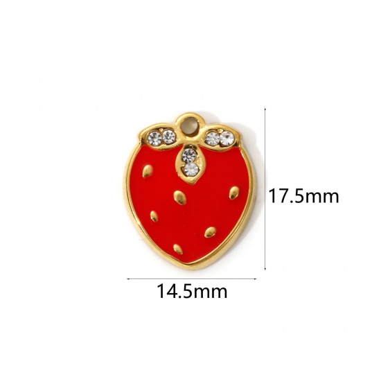 Imagen de 2 PCs Eco-friendly PVD Vacuum Plating 304 Stainless Steel Charms 18K Real Gold Plated Red Enamel Strawberry Fruit Clear Cubic Zirconia 17.5mm x 14.5mm