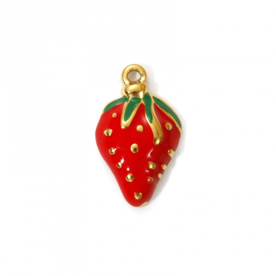 Imagen de 2 PCs Eco-friendly PVD Vacuum Plating 304 Stainless Steel Charms 18K Real Gold Plated Red Enamel Strawberry Fruit 21mm x 13mm