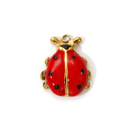 Imagen de 2 PCs Eco-friendly PVD Vacuum Plating 304 Stainless Steel Charms 18K Real Gold Plated Red Enamel Ladybug Animal 21mm x 17mm