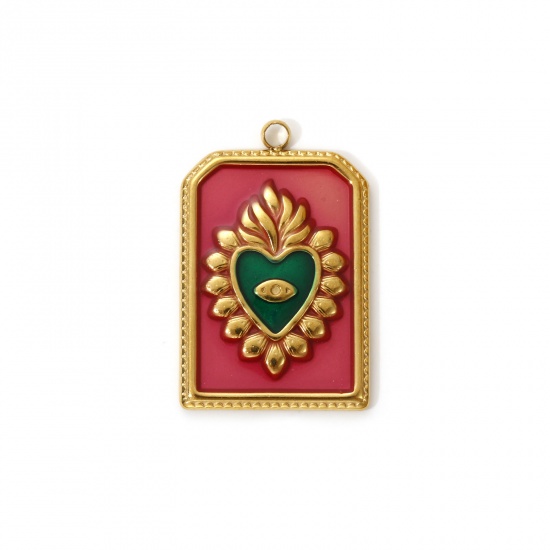 Изображение 2 PCs Eco-friendly PVD Vacuum Plating 304 Stainless Steel Religious Charms 18K Real Gold Plated Fuchsia Enamel Hexagon Ex Voto Heart 28mm x 18mm