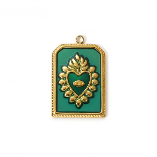 Изображение 2 PCs Eco-friendly PVD Vacuum Plating 304 Stainless Steel Religious Charms 18K Real Gold Plated Green Enamel Hexagon Ex Voto Heart 28mm x 18mm