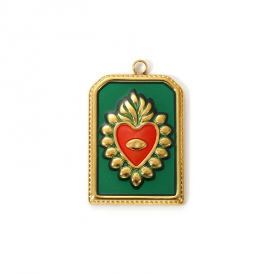 Изображение 2 PCs Eco-friendly PVD Vacuum Plating 304 Stainless Steel Religious Charms 18K Real Gold Plated Green Enamel Hexagon Ex Voto Heart 28mm x 18mm