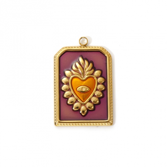 Изображение 2 PCs Eco-friendly PVD Vacuum Plating 304 Stainless Steel Religious Charms 18K Real Gold Plated Purple Enamel Hexagon Ex Voto Heart 28mm x 18mm