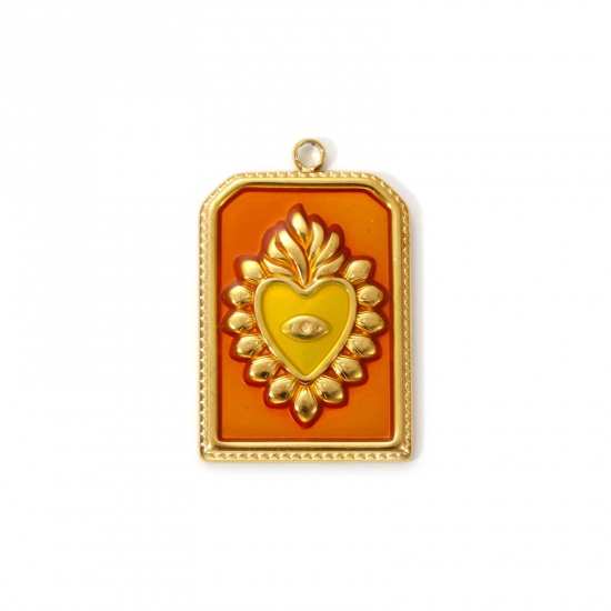Изображение 2 PCs Eco-friendly PVD Vacuum Plating 304 Stainless Steel Religious Charms 18K Real Gold Plated Orange Enamel Hexagon Ex Voto Heart 28mm x 18mm