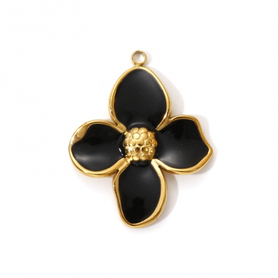 Изображение 2 PCs Eco-friendly PVD Vacuum Plating 304 Stainless Steel Pendants 18K Real Gold Plated Black Enamel Flower 3.2cm x 2.6cm