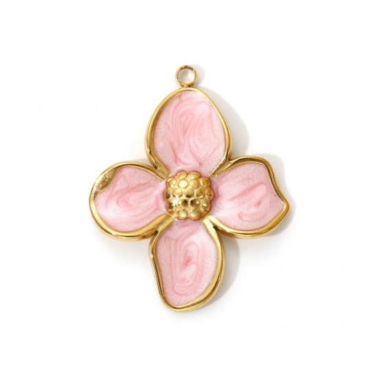 Изображение 2 PCs Eco-friendly PVD Vacuum Plating 304 Stainless Steel Pendants 18K Real Gold Plated Light Pink Enamel Flower Pearlized 3.2cm x 2.6cm