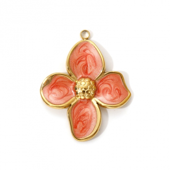 Изображение 2 PCs Eco-friendly PVD Vacuum Plating 304 Stainless Steel Pendants 18K Real Gold Plated Orange Pink Enamel Flower Pearlized 3.2cm x 2.6cm