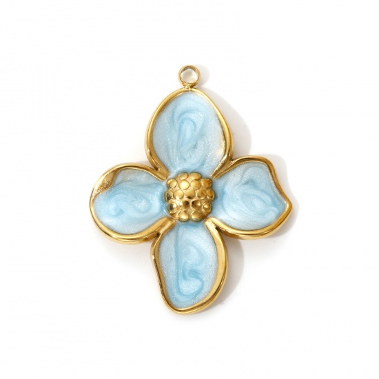 Изображение 2 PCs Eco-friendly PVD Vacuum Plating 304 Stainless Steel Pendants 18K Real Gold Plated Light Blue Enamel Flower Pearlized 3.2cm x 2.6cm