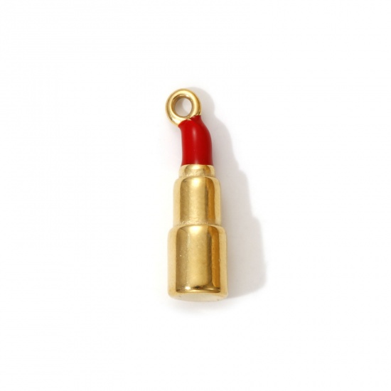Bild von 1 Piece Eco-friendly PVD Vacuum Plating 304 Stainless Steel Makeup Charms 18K Real Gold Plated Red Enamel Lipstick 3D 21.5mm x 6mm