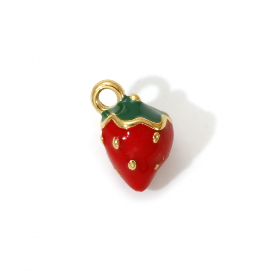 Bild von 1 Piece Eco-friendly PVD Vacuum Plating 304 Stainless Steel Charms 18K Real Gold Plated Red Enamel Strawberry Fruit 3D 11mm x 8mm