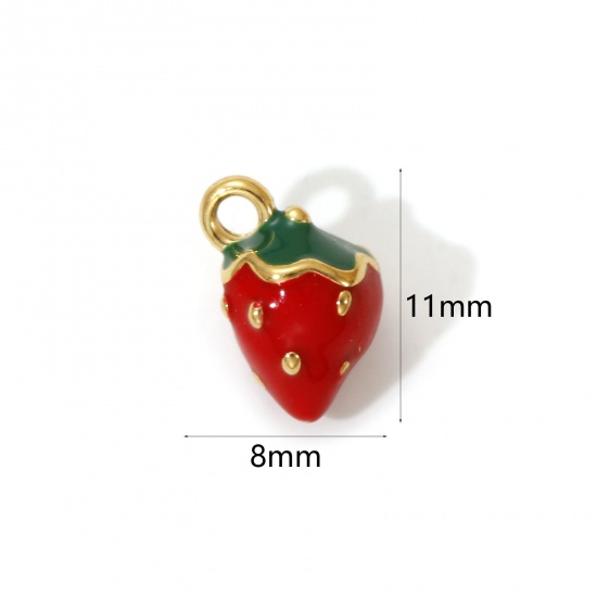 Bild von 1 Piece Eco-friendly PVD Vacuum Plating 304 Stainless Steel Charms 18K Real Gold Plated Red Enamel Strawberry Fruit 3D 11mm x 8mm