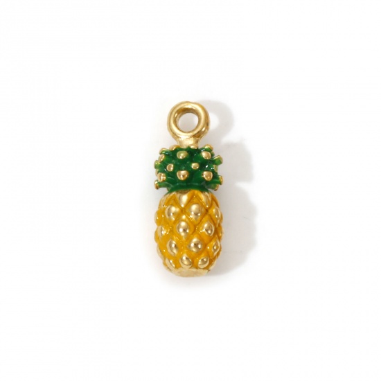 Bild von 1 Piece Eco-friendly PVD Vacuum Plating 304 Stainless Steel Charms 18K Real Gold Plated Yellow Enamel Pineapple/ Ananas Fruit 3D 14mm x 5.5mm