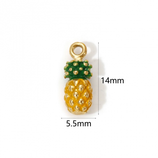 Bild von 1 Piece Eco-friendly PVD Vacuum Plating 304 Stainless Steel Charms 18K Real Gold Plated Yellow Enamel Pineapple/ Ananas Fruit 3D 14mm x 5.5mm