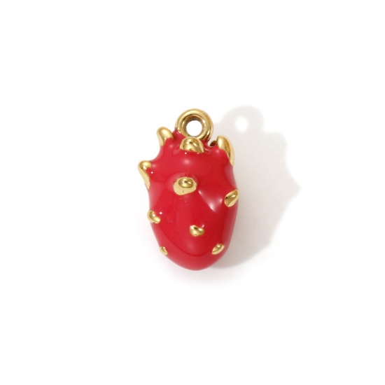 Bild von 1 Piece Eco-friendly PVD Vacuum Plating 304 Stainless Steel Charms 18K Real Gold Plated Fuchsia Enamel Pitaya Fruit 3D 13mm x 8mm