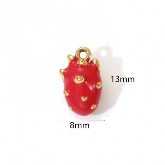 Bild von 1 Piece Eco-friendly PVD Vacuum Plating 304 Stainless Steel Charms 18K Real Gold Plated Fuchsia Enamel Pitaya Fruit 3D 13mm x 8mm