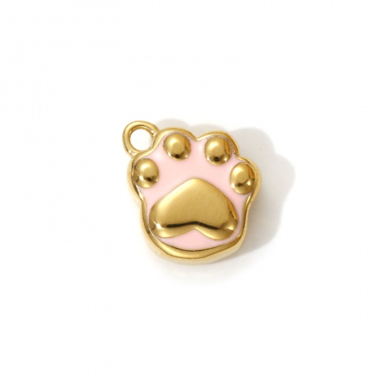Bild von 1 Piece Eco-friendly PVD Vacuum Plating 304 Stainless Steel Pet Memorial Charms 18K Real Gold Plated Light Pink Enamel Paw Print 15mm x 15mm