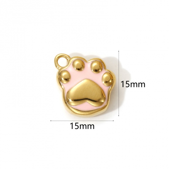 Bild von 1 Piece Eco-friendly PVD Vacuum Plating 304 Stainless Steel Pet Memorial Charms 18K Real Gold Plated Light Pink Enamel Paw Print 15mm x 15mm