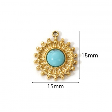Picture of 1 Piece Eco-friendly PVD Vacuum Plating Waterproof Anti-Tarnish Hypoallergenic 304 Stainless Steel Boho Chic Bohemia Charms 18K Real Gold Plated Green Blue Sun With Resin Cabochons Imitation Turquoise 18mm x 15mm