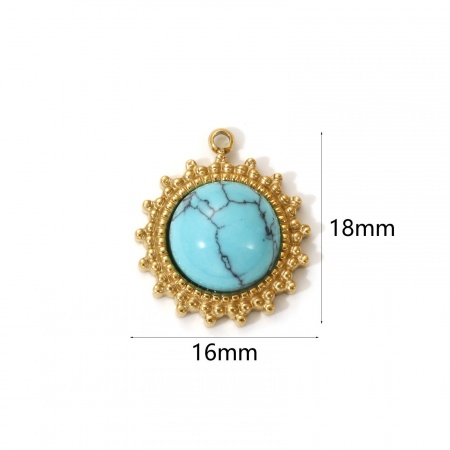 Picture of 1 Piece Eco-friendly PVD Vacuum Plating Waterproof Anti-Tarnish Hypoallergenic 304 Stainless Steel Boho Chic Bohemia Charms 18K Real Gold Plated Green Blue Sun With Resin Cabochons Imitation Turquoise 18mm x 16mm