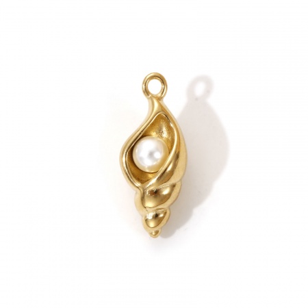 Picture of 1 Piece Eco-friendly PVD Vacuum Plating Waterproof Anti-Tarnish Hypoallergenic 304 Stainless Steel Charms 18K Real Gold Plated White Conch/ Sea Snail Acrylic Imitation Pearl 22mm x 9mm