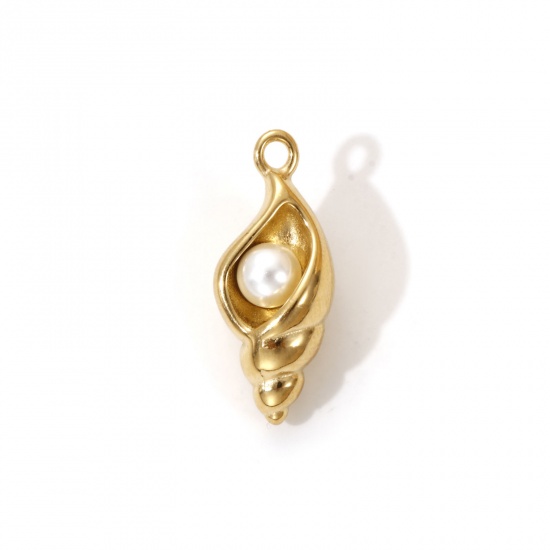 Imagen de 1 Piece Eco-friendly PVD Vacuum Plating 304 Stainless Steel Charms 18K Real Gold Plated White Conch/ Sea Snail Acrylic Imitation Pearl 22mm x 9mm